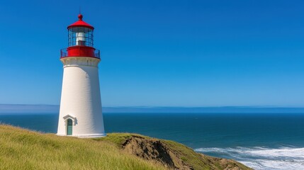 Serene Lighthouse by Coast with Clear Blue Sky and Ocean View