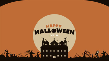不気味な森とお化け屋敷のシルエットで飾られたハロウィン背景テンプレート（オレンジ）　Halloween background template decorated with eerie forest and haunted house silhouettes (orange)