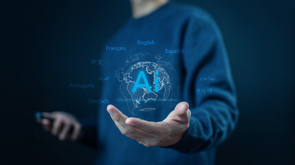 Artificial intelligence translation concept with global languages. Modern AI technology for multilingual communication, localization, and worldwide business connections in digital era. AI translation
