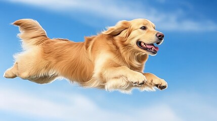 Obraz premium Golden Retriever Dog Jumping in Bright Blue Sky with Joyful Expression