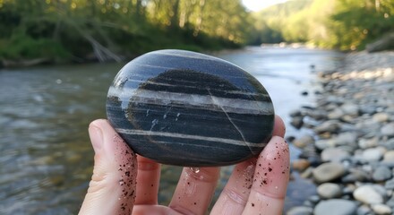 Hand Holding a Smooth, Striped Rock Near a River, Reflecting Nature's Beauty