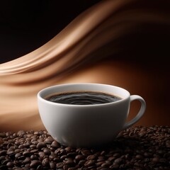 Top Angle View of White Porcelain Latte Cup with Black Coffee and Flowing Aroma Background, Warm Lighting Highlighting Coffee Texture, Minimal Modern Premium Beverage Concept
