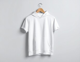 White short-sleeved hoodie hanging on a wooden hanger against a white wall.