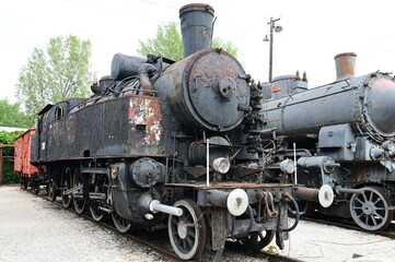 Black vintage Hungarian steam locomotives.