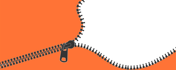 Zipper silhouette, zipper lock or unlock bg. Fastener slide with puller orange color. Split cloth pulling zip. Apparel accessories simple drawing. © Alyona