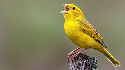 Bright Yellow Songbird Singing on a Wooden Post in Nature