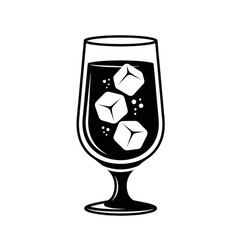 Stylized illustration of a glass with dark beverage and ice cubes isolated on transparent background