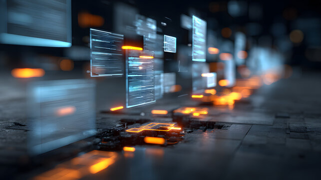 Dynamic futuristic digital data transfer concept with glowing blue and orange neon lights, floating holographic documents and abstract technology elements on dark background. High-resolution illustrat
