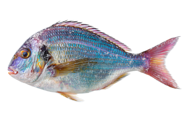 Fresh whole sea bream placed diagonally with silver scales and blue-pink iridescence, ice crystals dusted on skin, tail pointed, isolated on transparent background.
