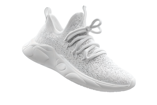 Minimal white trainers with knit uppers, sculpted foam midsoles and tonal laces, slight 3/4 right angle, left shoe behind, isolated on transparent background.
