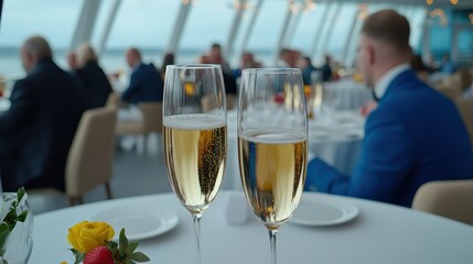 Obraz premium Elegant Champagne Glasses on Table with View of Event Celebration