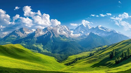 Fototapeta premium A scenic view of green hills and mountains with snow capped peaks under a blue sky with white clouds