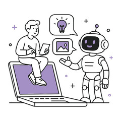 Man with Notebook Talking to Robot Artificial Intelligence Technology Vector Illustration