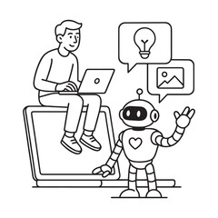 Man Working on Laptop with Robot Artificial Intelligence Business Data Vector Illustration