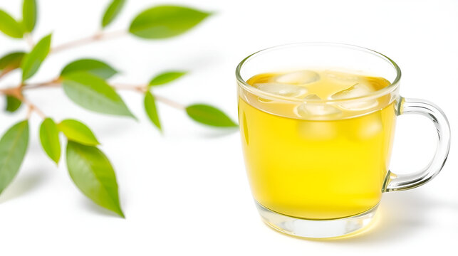 Japanese green tea served cold on a white background.