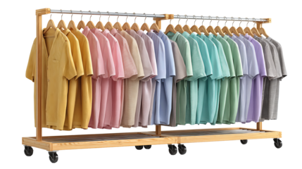 Clothing rack with two bars, pastel-colored shirts on hangers and rolling base, isolated on transparent background.
