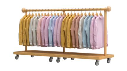 Clothing rack with two bars, pastel-colored shirts on hangers and rolling base, isolated on transparent background.
