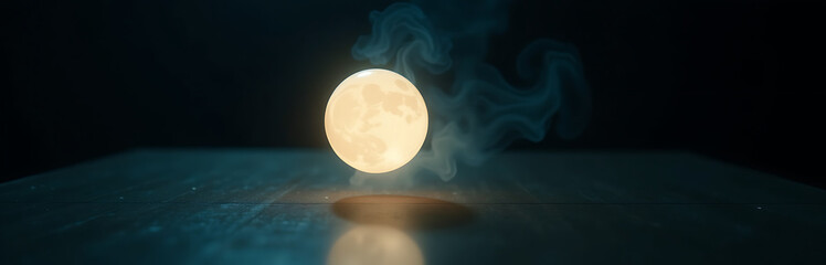 dimly lit eerie luminescent orb hovering dark surface casting ethereal glow