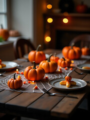 dimly lit wooden table set halloween surrounded vibrant orange pumpkins candy corn lollipops