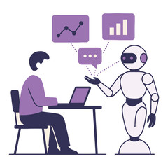 Man Working on Laptop with Robot Artificial Intelligence Business Data Vector Illustration