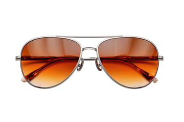 Stylish aviator sunglasses with metallic frame and warm-toned lenses, folded temples, isolated on transparent background.
