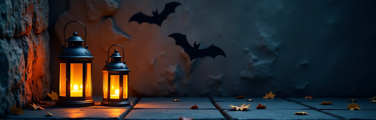 dimly lit halloween night scene features two lanterns worn stone floor dark silhouettes bats flutter menacingly