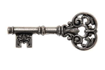 Antique-style skeleton key featuring filigree oval head and nickel patina finish, decorative detailing, isolated on transparent background.
