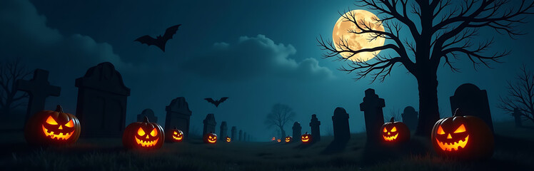 dimly lit graveyard dusk halloween night illuminated eerie glow full moon overhead soft luminescence