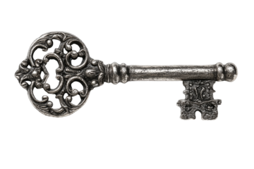 Ornate Victorian skeleton key in aged nickel with oval filigree bow and shallow engravings, isolated on transparent background.
