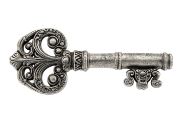 Victorian decorative key with ornate filigree bow, aged nickel texture and engraved shaft, isolated on transparent background.
