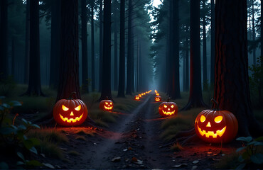 dimly lit forest dusk glowing casting warm golden light winding dirt pathway surrounded towering dark