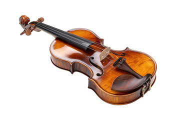 Obraz premium Elegant full violin showing warm varnish tones, spruce figure and matching bow, isolated on transparent background. 
