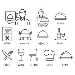 Catering line icon set. Catering service, food, delivery of ready meals, guest service, menu for event, banquet vector