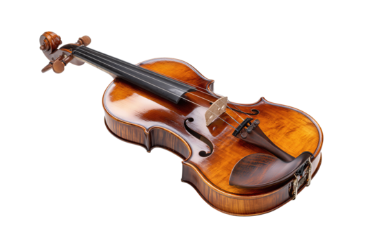 Elegant full violin showing warm varnish tones, spruce figure and matching bow, isolated on transparent background.