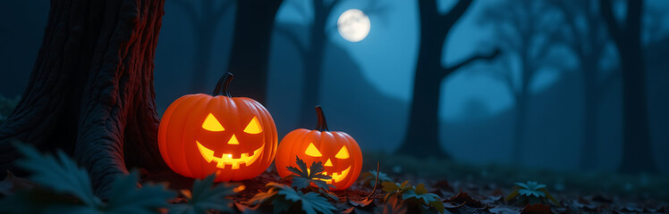 dimly lit glowing orange pumpkins amidst eerie foliage bathed soft blue moonlit glow shadows cast across gnarled tree