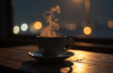 dimly lit steaming coffee cup worn wooden table soft glow city lights illuminating wispy clouds vapor dancing