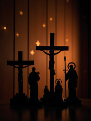 dimly lit background faint crosses halos forms dramatic backdrop stark silhouettes various religious icons positioned