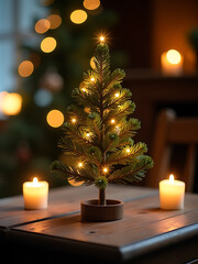 diminutive christmas tree stands vintage wooden table surrounded soft candlelight miniature string lights wrapped around