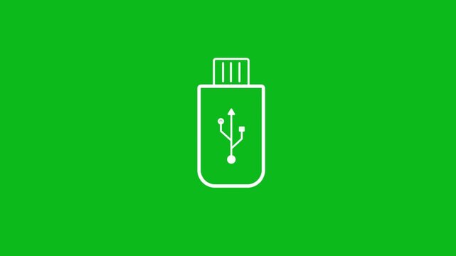 White USB flash drive icon with symbol on a green background Keywords: USB, flash drive, storage, device, technology, connection, data, transfer, interface, digital, electronic, computer, port