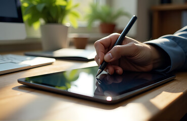 detailed shot man right hand holding stylus pen poised screen sleek digital tablet computer cluttered home office