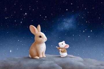 Bunny and mouse explore the starry night sky