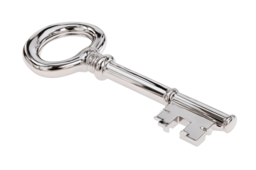 Modern metal key featuring oval bow and reflective nickel surface, teeth on left side, isolated on transparent background.
