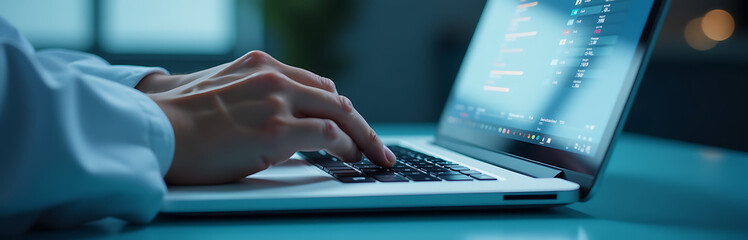 detailed medic fingers typing sleek gguf model touchscreen interface reflected patient records laptop