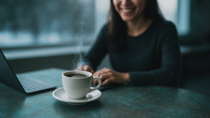 Morning Coffee and Digital Comfort: A serene moment captures the warmth of a freshly brewed cup of coffee, accompanied by the glow of a laptop.