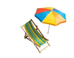  Lounge Beach Chair Under Large Colorful Umbrella, Top-Down Flat Lay, isolated on transparent background
