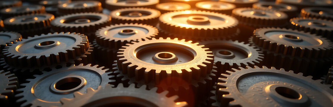 densely packed shot intricately interlocked metal gears warm golden light sunbeams illuminating meshed textures