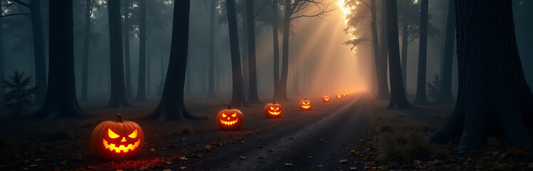 dense forest shrouded eerie fog glows soft golden light winding trail casts long shadows misty ground