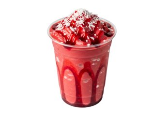 A vibrant, crimson smoothie in a clear plastic cup, topped with shredded coconut and drizzled with a dark syrup, stands out against a black background.
