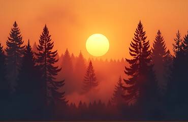 dense forest pine trees stands tall amidst fiery orange sunset surrounded wispy mist swirling branches soft golden