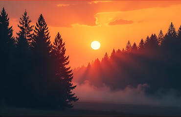 dense forest pine trees stands tall amidst fiery orange sunset surrounded wispy mist swirling branches soft golden